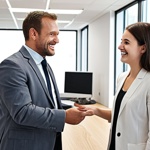 Home 4 **
A public official smiling and interacting with a younger colleague in a bright, modern office. Focus on communication and collaboration, hinting at mentorship and mutual respect. Suggest efficient workflow and a positive atmosphere.
**