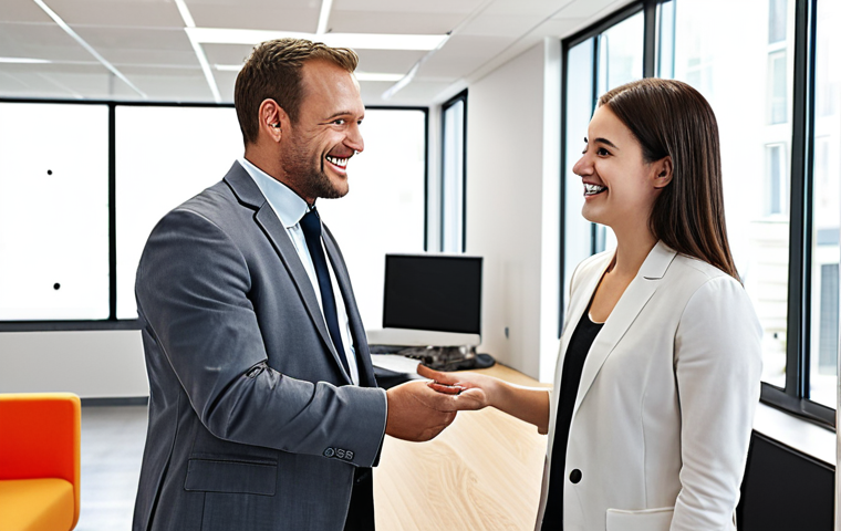 **

A public official smiling and interacting with a younger colleague in a bright, modern office. Focus on communication and collaboration, hinting at mentorship and mutual respect. Suggest efficient workflow and a positive atmosphere.

**