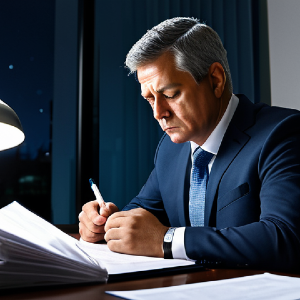 A weary local government official, visibly experiencing mental fatigue and burnout from overwork, sits at a desk in a modern, quiet office late at night. The official, dressed in a modest and professional business suit, gazes contemplatively at a stack of documents, implying a heavy workload. The overall atmosphere is quiet and reflective. safe for work, appropriate content, fully clothed, professional dress, perfect anatomy, correct proportions, natural pose, well-formed hands, proper finger count, natural body proportions, professional photography, high quality.