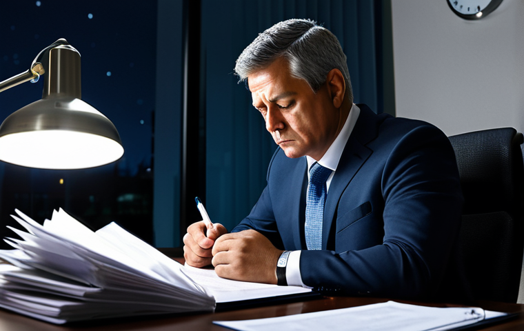 A weary local government official, visibly experiencing mental fatigue and burnout from overwork, sits at a desk in a modern, quiet office late at night. The official, dressed in a modest and professional business suit, gazes contemplatively at a stack of documents, implying a heavy workload. The overall atmosphere is quiet and reflective. safe for work, appropriate content, fully clothed, professional dress, perfect anatomy, correct proportions, natural pose, well-formed hands, proper finger count, natural body proportions, professional photography, high quality.