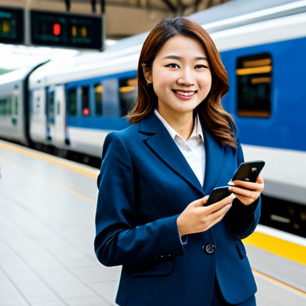 **
A well-dressed, professional female government official, fully clothed in a modest business suit, standing in front of a KTX train. She is holding a smartphone and smiling confidently. The background shows a modern train station with blurred passengers. Safe for work, appropriate content, perfect anatomy, natural pose, professional photography, family-friendly.
**