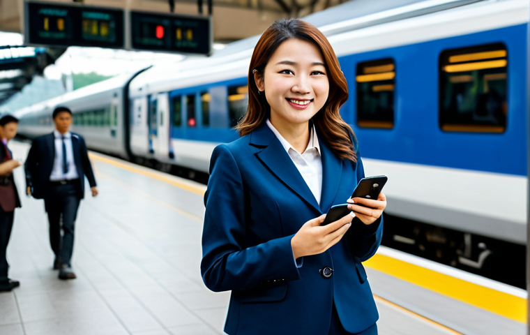 **
A well-dressed, professional female government official, fully clothed in a modest business suit, standing in front of a KTX train. She is holding a smartphone and smiling confidently. The background shows a modern train station with blurred passengers. Safe for work, appropriate content, perfect anatomy, natural pose, professional photography, family-friendly.
**