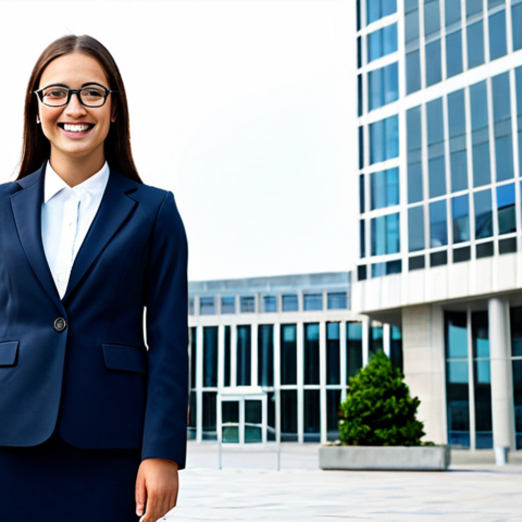 **
"A young professional woman, smiling confidently, wearing a modest business suit and glasses, standing in front of a modern city hall building, fully clothed, appropriate attire, safe for work, perfect anatomy, correct proportions, natural pose, professional corporate photography, high quality"
**