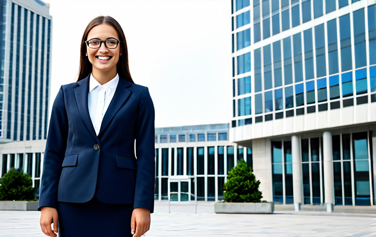 **
"A young professional woman, smiling confidently, wearing a modest business suit and glasses, standing in front of a modern city hall building, fully clothed, appropriate attire, safe for work, perfect anatomy, correct proportions, natural pose, professional corporate photography, high quality"
**